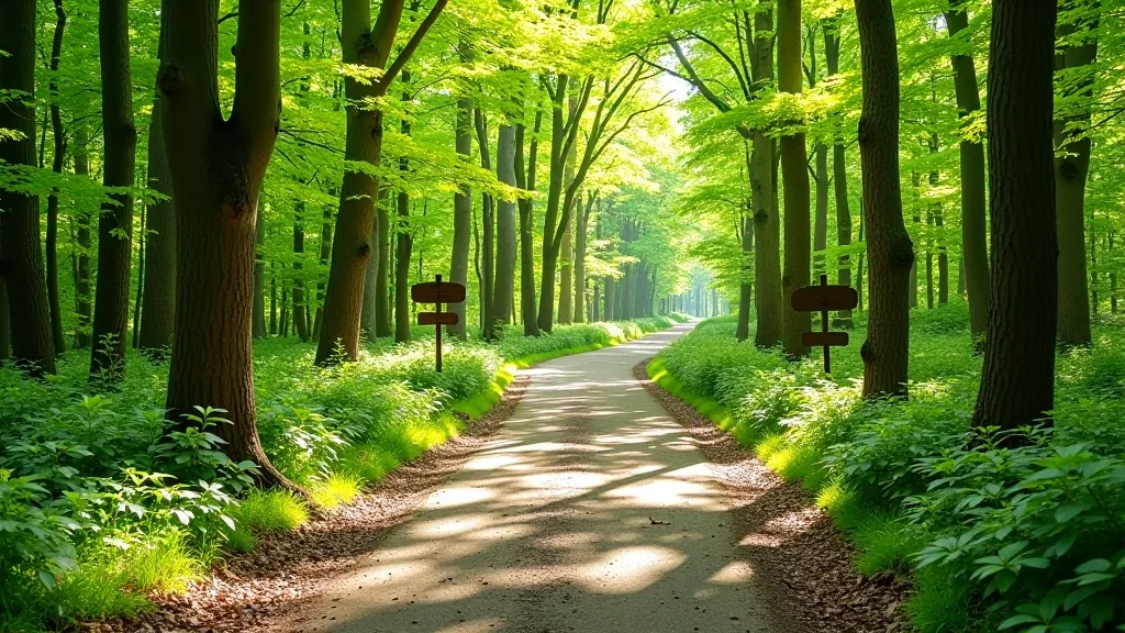 Forest path with wooden signage