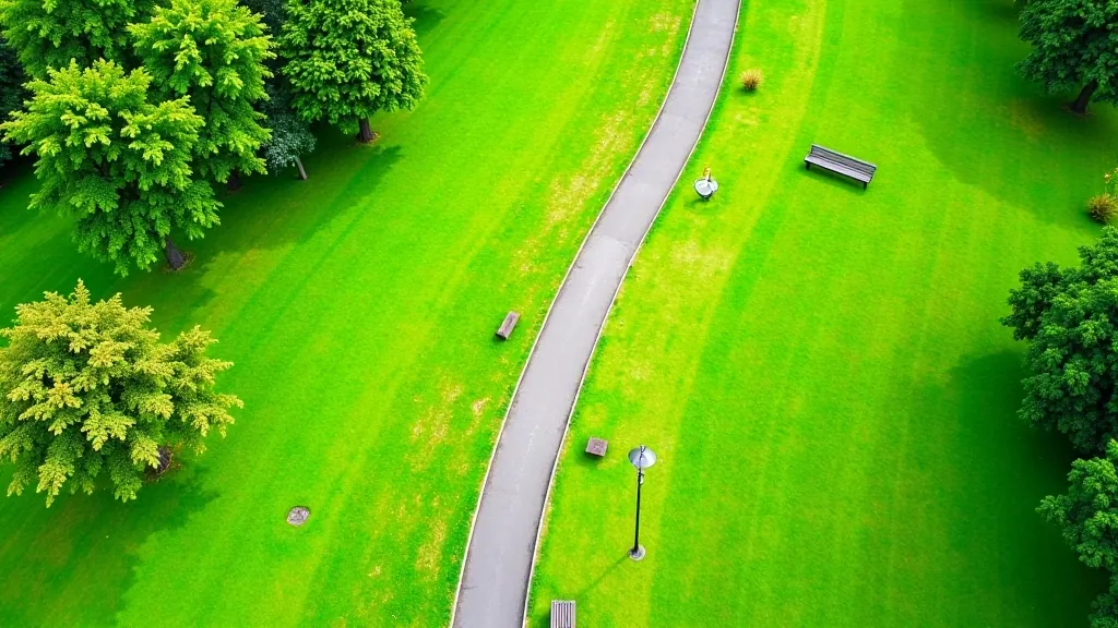 Aerial view of a park walking path with green grass areas and tree coverage, benches visible along the route, clear weather