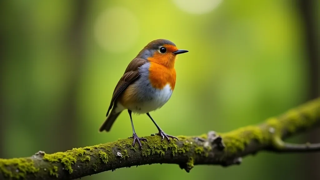 Close-up of robin perched on moss-covered branch, blurred green forest background, natural soft lighting, detail on feathers