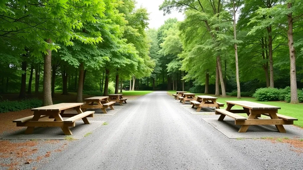 Forest parking area with wooden picnic table and benches, gravel surface, tree-lined surroundings, overcast sky, clean composition