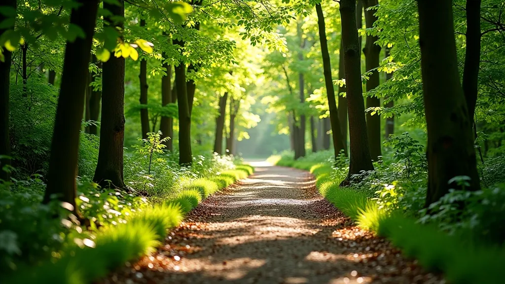 Winding forest trail path with natural sunlight filtering through dense green trees creating a peaceful woodland atmosphere