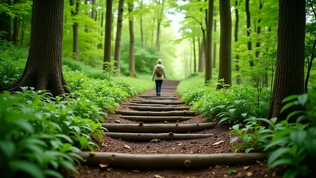 Forest trail with wooden steps, earth path winding uphill through dense trees, green undergrowth on sides, dappled light filtering through canopy