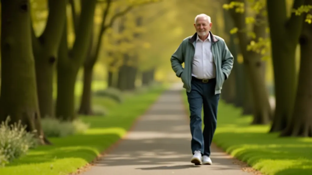 Older man in casual athletic wear walking on a tree-lined park path, wearing comfortable shoes and a light jacket, clear sunny day, portrait angle