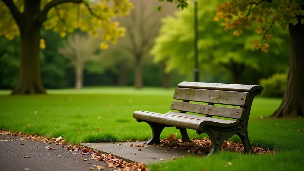 Wooden bench in a park with green surroundings