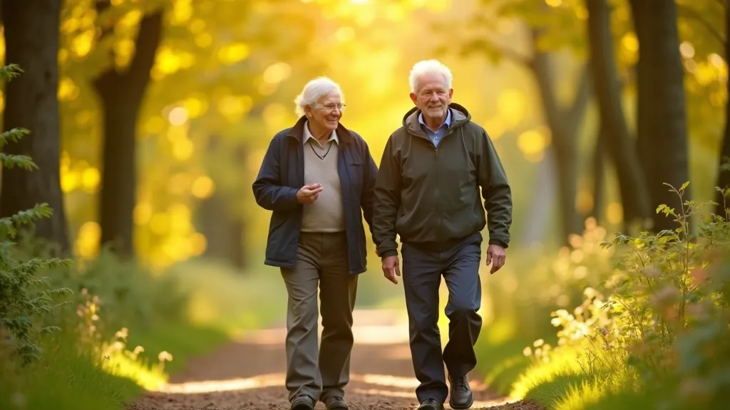 Group of senior walkers enjoying a peaceful afternoon on a scenic park trail with mature trees and natural surroundings