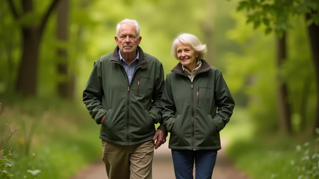 Two senior walkers on a tree-lined park path, wearing comfortable outdoor clothing, walking side by side in natural daylight