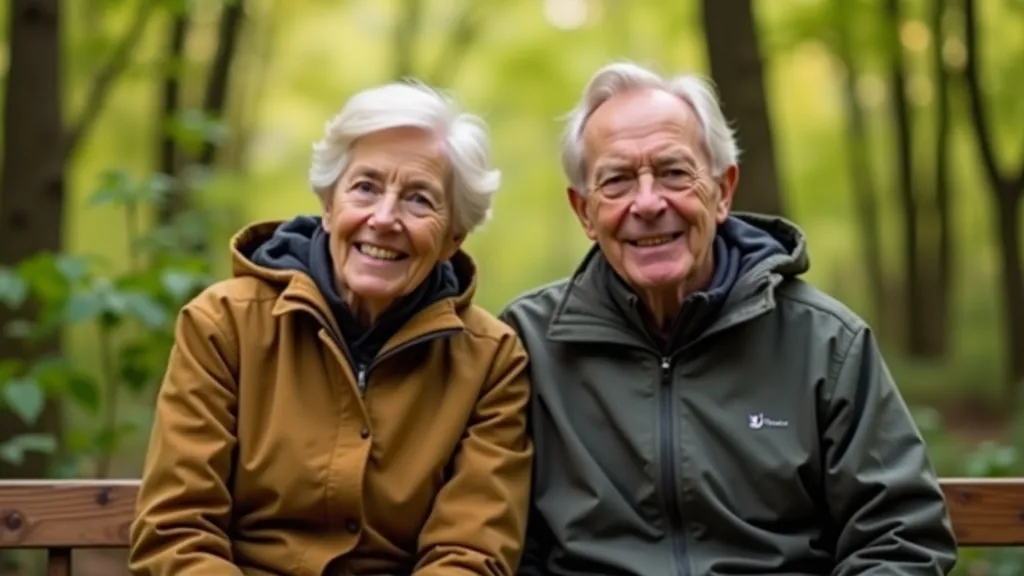 Elderly couple sitting on wooden bench inside forest, smiling, looking at forest view, dappled sunlight through canopy, peaceful setting