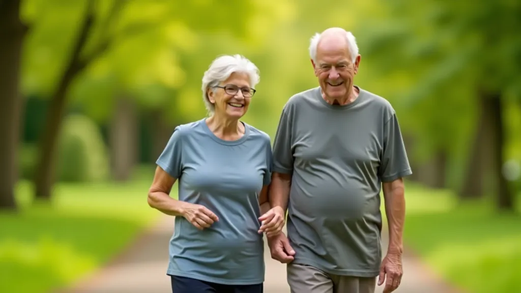 Two senior adults walking together on an outdoor path, engaged and active in natural daylight