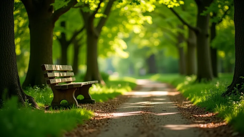 Close-up of a wooden park bench surrounded by green trees and dappled sunlight, peaceful resting spot on a walking trail